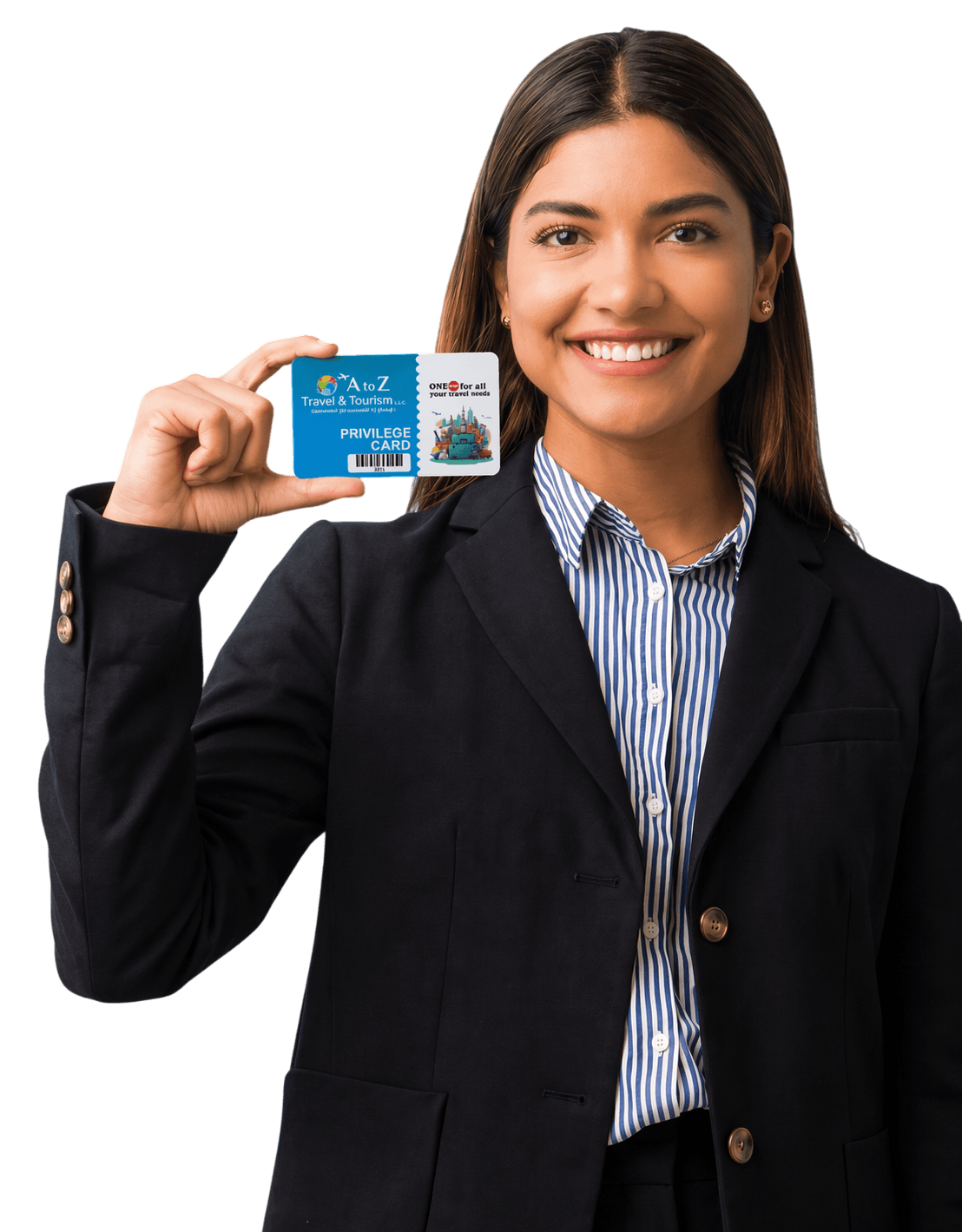 Woman holding an A to Z Travel & Tourism privilege card